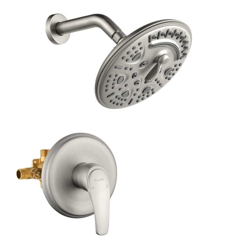 Single Function Wall Mounted Shower Trim Set with 8-inch ABS 6 Settings Shower Head - Matte Black, Brushed Nickel, Brushed Gold