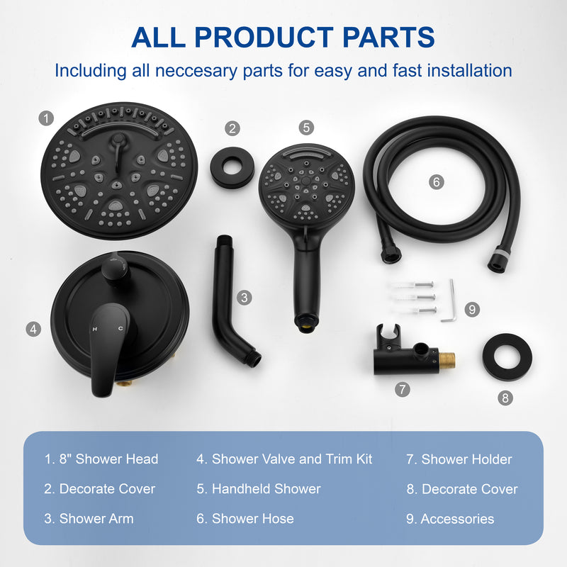 2-Way Shower Faucet Set 8 Inch ABS 6-Setting Head Shower System with 9-Spray Round Hand Shower