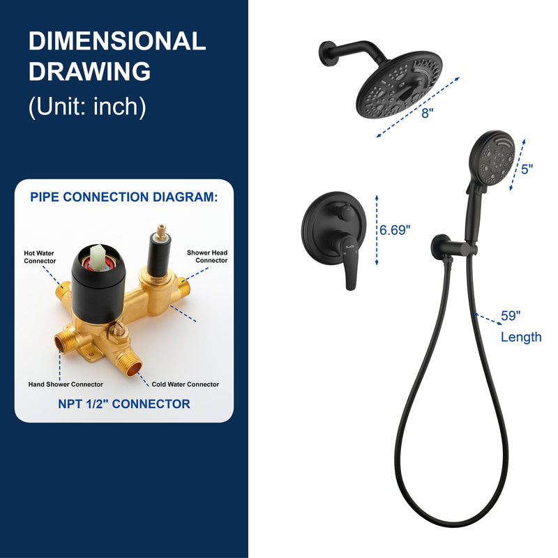 2-Way Shower Faucet Set 8 Inch ABS 6-Setting Head Shower System with 9-Spray Round Hand Shower