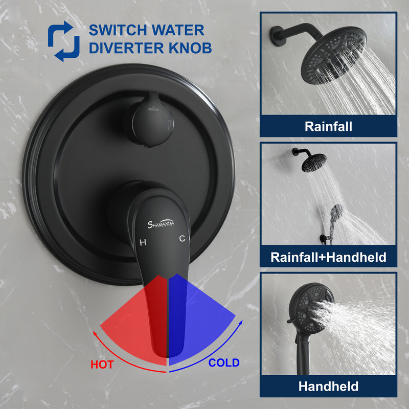 2-Way Shower Faucet Set 8 Inch ABS 6-Setting Head Shower System with 9-Spray Round Hand Shower