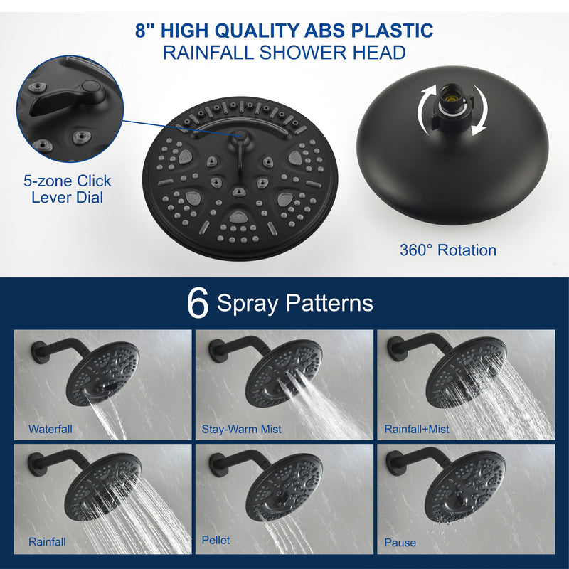 2-Way Shower Faucet Set 8 Inch ABS 6-Setting Head Shower System with 9-Spray Round Hand Shower