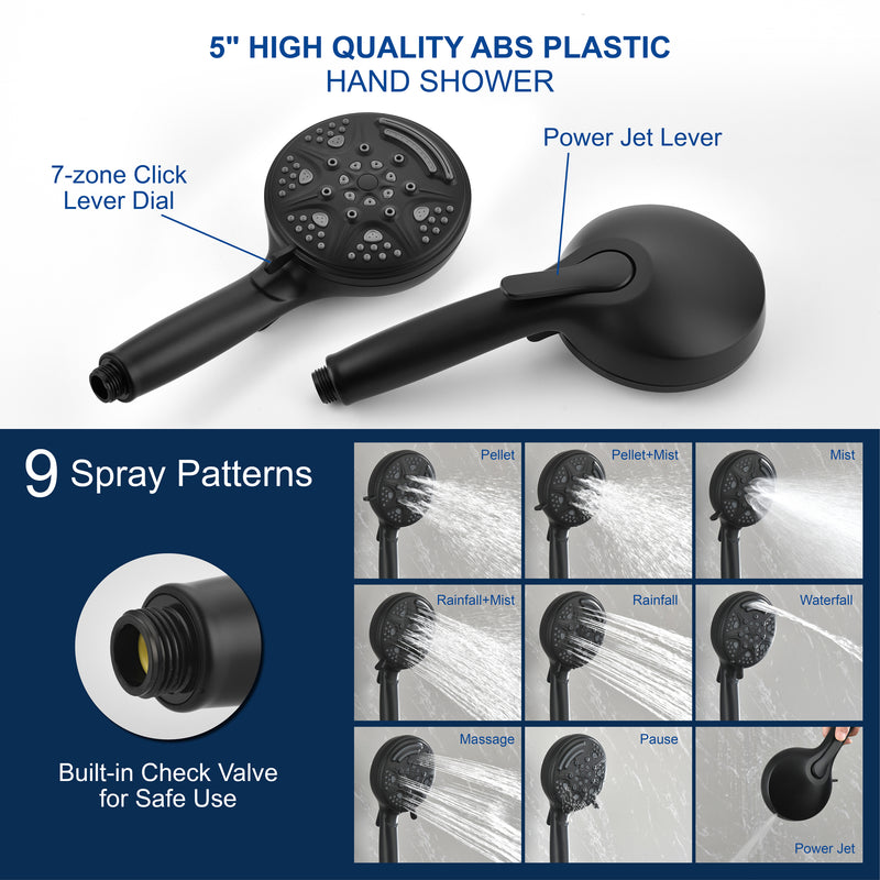2-Way Shower Faucet Set 8 Inch ABS 6-Setting Head Shower System with 9-Spray Round Hand Shower