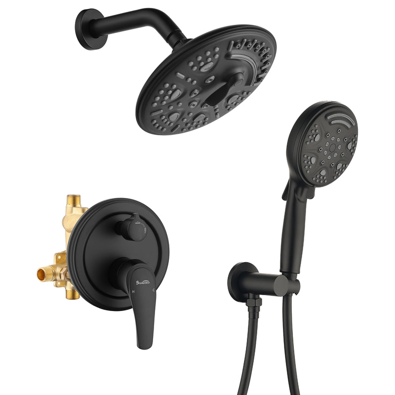 2-Way Shower Faucet Set 8 Inch ABS 6-Setting Head Shower System with 9-Spray Round Hand Shower