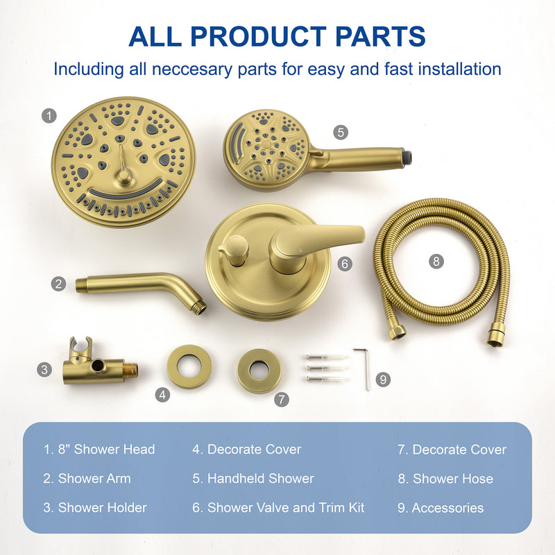 2-Way Shower Faucet Set 8 Inch ABS 6-Setting Head Shower System with 9-Spray Round Hand Shower