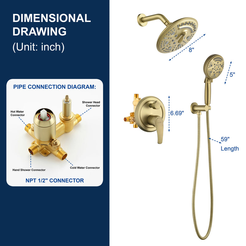 2-Way Shower Faucet Set 8 Inch ABS 6-Setting Head Shower System with 9-Spray Round Hand Shower