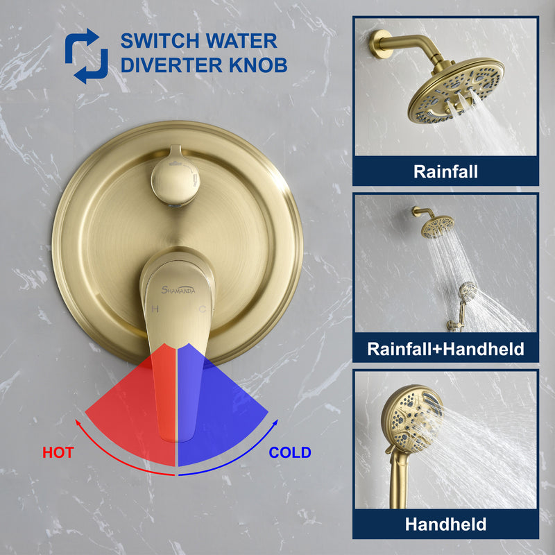 2-Way Shower Faucet Set 8 Inch ABS 6-Setting Head Shower System with 9-Spray Round Hand Shower