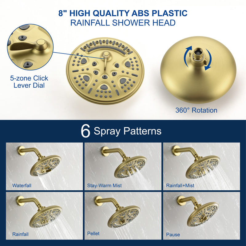2-Way Shower Faucet Set 8 Inch ABS 6-Setting Head Shower System with 9-Spray Round Hand Shower