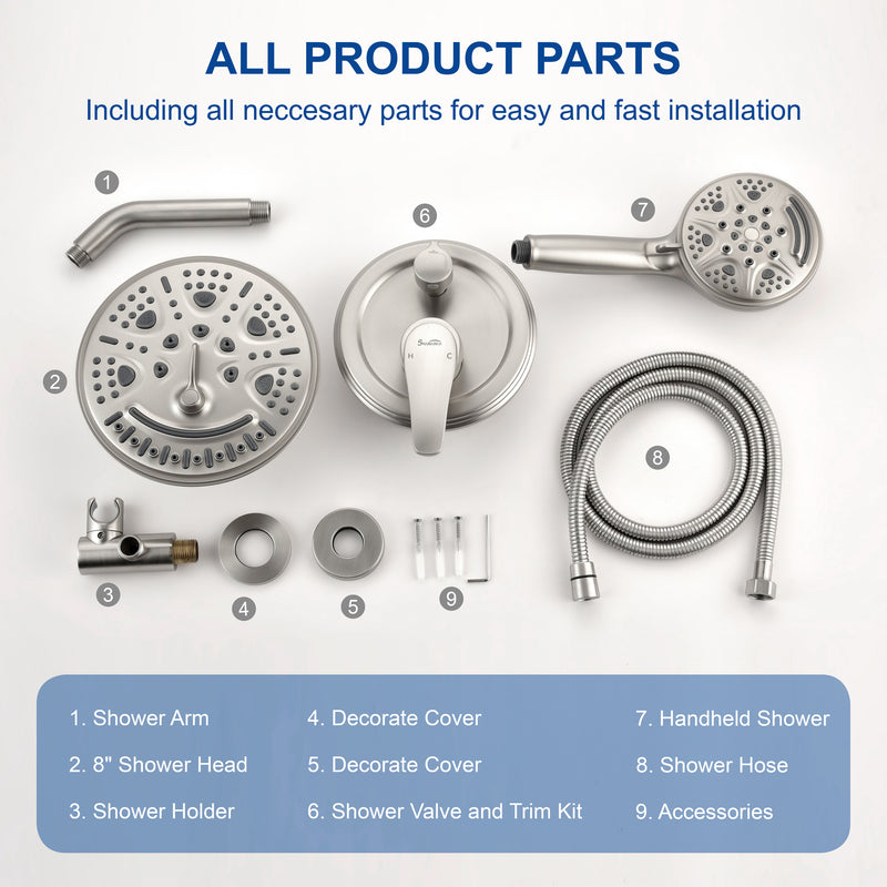 2-Way Shower Faucet Set 8 Inch ABS 6-Setting Head Shower System with 9-Spray Round Hand Shower