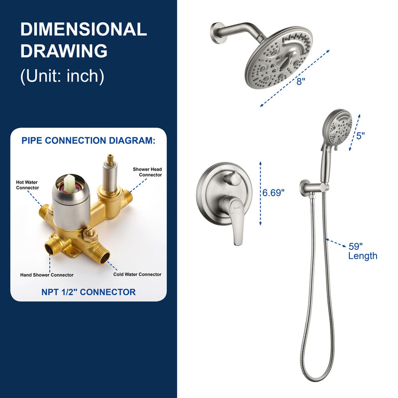 2-Way Shower Faucet Set 8 Inch ABS 6-Setting Head Shower System with 9-Spray Round Hand Shower