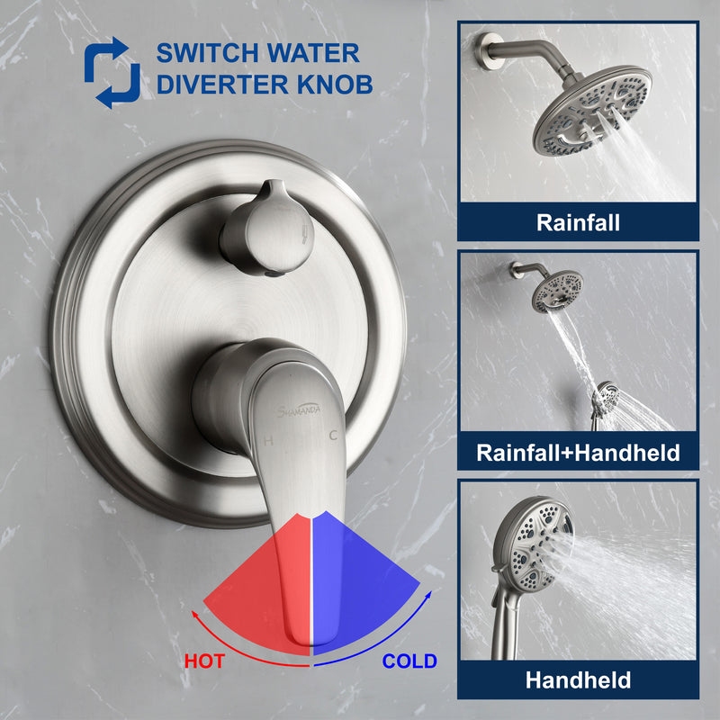 2-Way Shower Faucet Set 8 Inch ABS 6-Setting Head Shower System with 9-Spray Round Hand Shower
