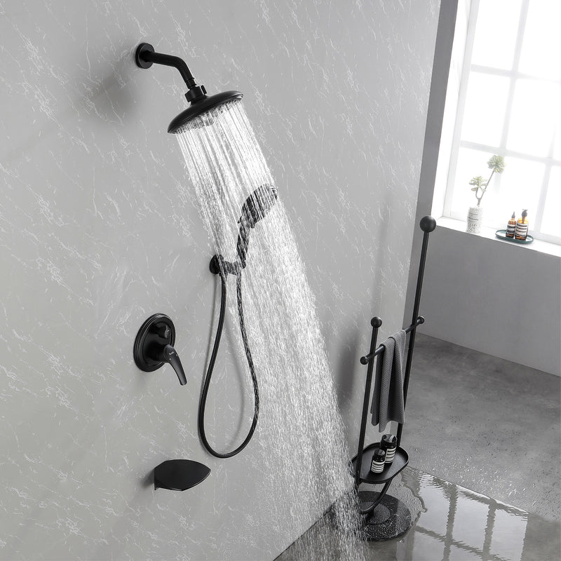 Luxury Tub Shower Faucet Set with Round-in Valve, Wall Mounted Shower System with Waterfall Tub Spout and 6-Setting Rain Shower Head with 9-Setting Handheld