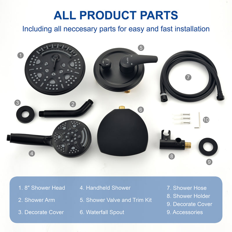 Luxury Tub Shower Faucet Set with Round-in Valve, Wall Mounted Shower System with Waterfall Tub Spout and 6-Setting Rain Shower Head with 9-Setting Handheld
