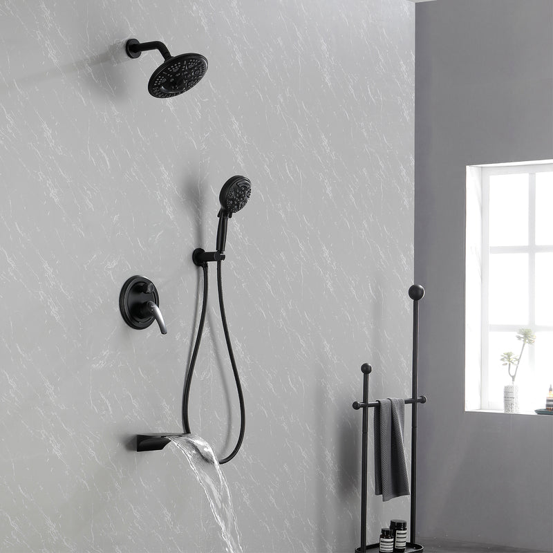 Luxury Tub Shower Faucet Set with Round-in Valve, Wall Mounted Shower System with Waterfall Tub Spout and 6-Setting Rain Shower Head with 9-Setting Handheld