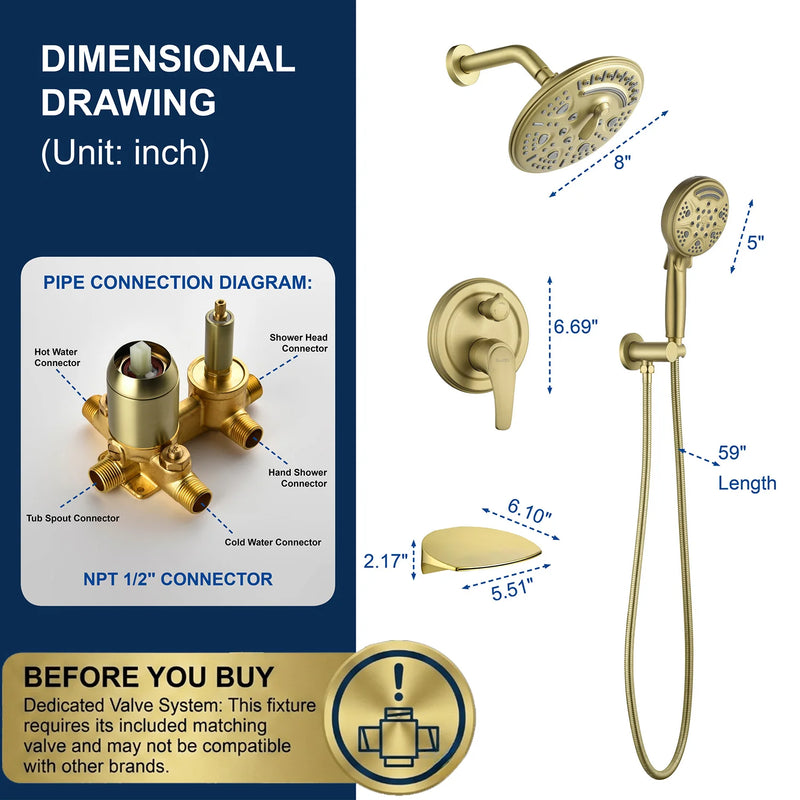 Luxury Tub Shower Faucet Set with Round-in Valve, Wall Mounted Shower System with Waterfall Tub Spout and 6-Setting Rain Shower Head with 9-Setting Handheld
