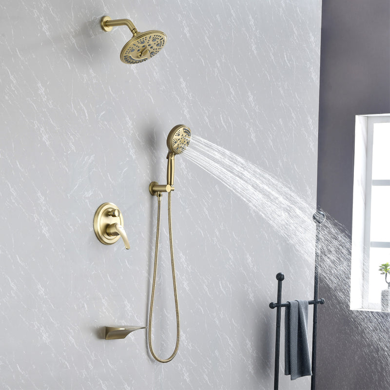 Luxury Tub Shower Faucet Set with Round-in Valve, Wall Mounted Shower System with Waterfall Tub Spout and 6-Setting Rain Shower Head with 9-Setting Handheld