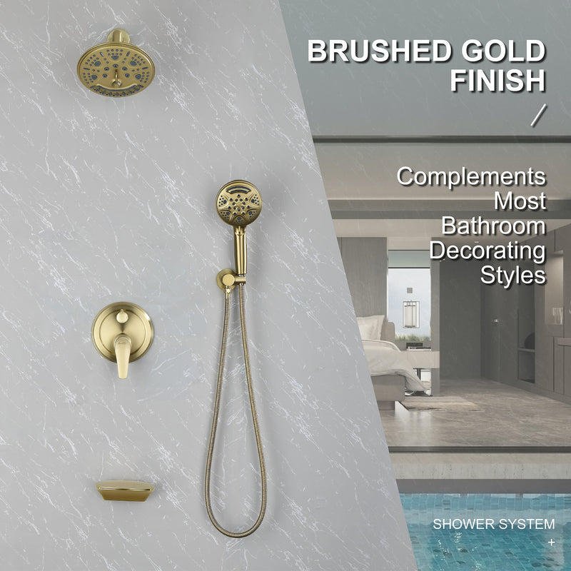 Luxury Tub Shower Faucet Set with Round-in Valve, Wall Mounted Shower System with Waterfall Tub Spout and 6-Setting Rain Shower Head with 9-Setting Handheld