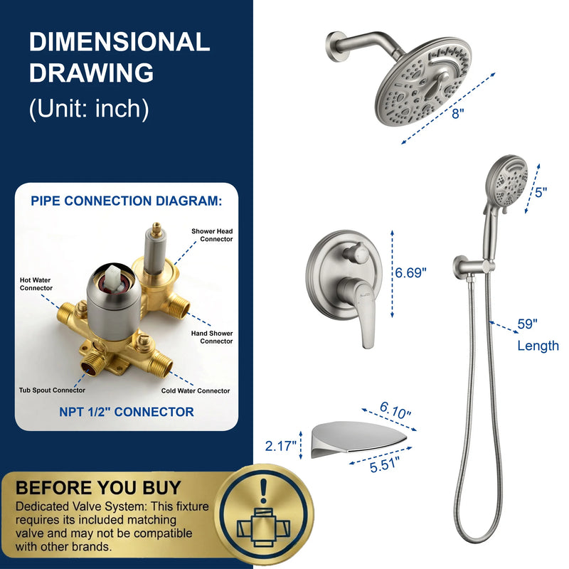 Luxury Tub Shower Faucet Set with Round-in Valve, Wall Mounted Shower System with Waterfall Tub Spout and 6-Setting Rain Shower Head with 9-Setting Handheld