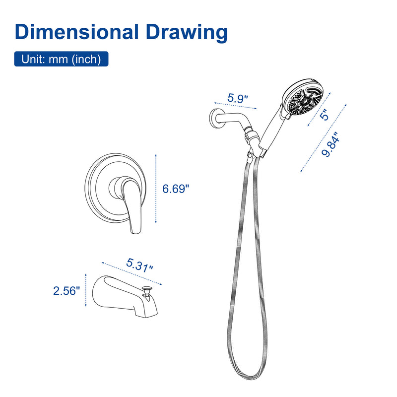 1-Handle Shower Trim Kit with Tub Spout, 9 Ways ABS Hand Shower, Pressure-Balancing Mixing Valve