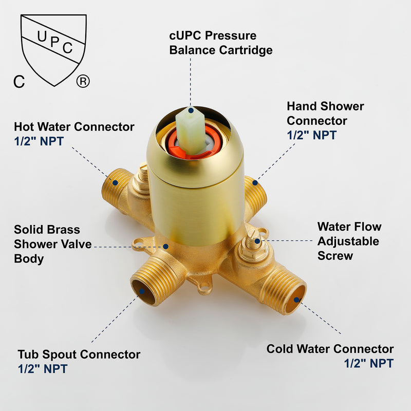 1-Handle Shower Trim Kit with Tub Spout, 9 Ways ABS Hand Shower, Pressure-Balancing Mixing Valve