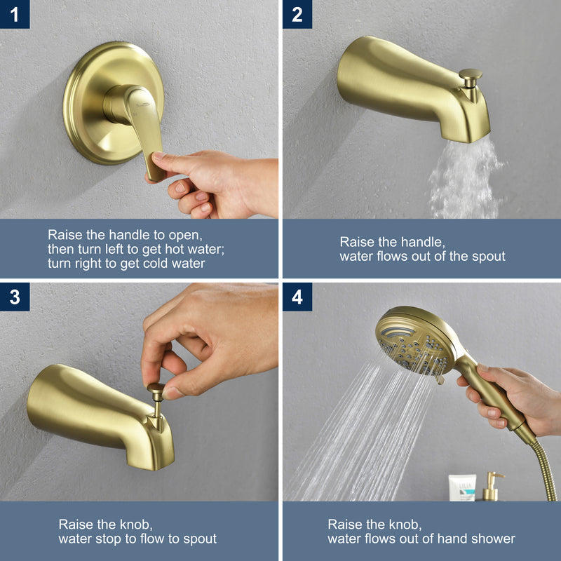 1-Handle Shower Trim Kit with Tub Spout, 9 Ways ABS Hand Shower, Pressure-Balancing Mixing Valve