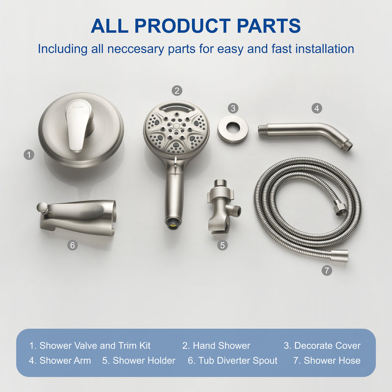 1-Handle Shower Trim Kit with Tub Spout, 9 Ways ABS Hand Shower, Pressure-Balancing Mixing Valve