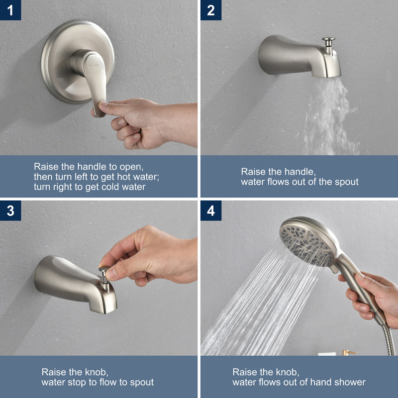 1-Handle Shower Trim Kit with Tub Spout, 9 Ways ABS Hand Shower, Pressure-Balancing Mixing Valve