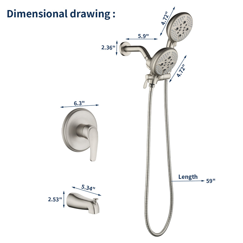 4.7 Inch 5-Mode Wall Mount High Pressure ABS Dual Shower Head System with Tub Spout