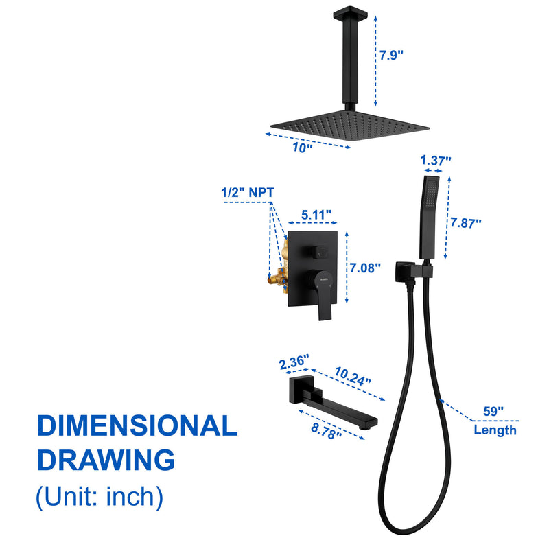 Luxury Tub Shower Faucet Combo Set with Rough-in Valve, Wall Mounted 10inch Shower System with Tub Spout Bathroom Shower Fixture Shower Valve and Trim Kit