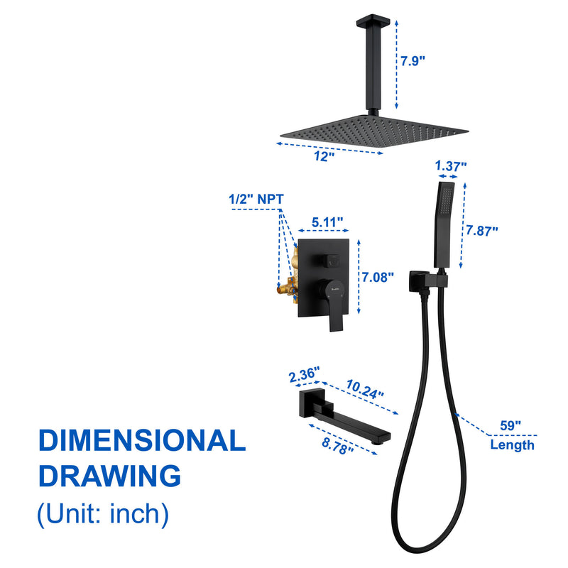 Ceiling-Mounted 3 functions Tub Shower Faucet Combo Set with 12-inch shower head, hand shower, 180 degree swivel bath outlet