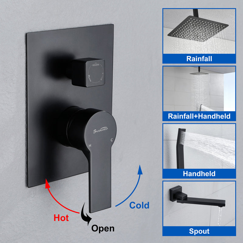 Ceiling-Mounted 3 functions Tub Shower Faucet Combo Set with 12-inch shower head, hand shower, 180 degree swivel bath outlet