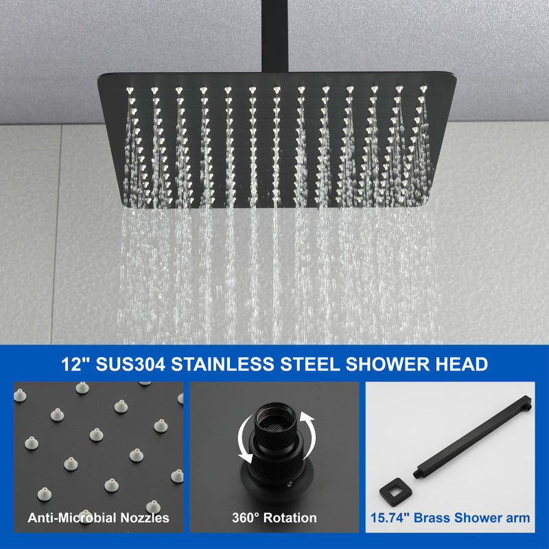 Ceiling-Mounted 3 functions Tub Shower Faucet Combo Set with 12-inch shower head, hand shower, 180 degree swivel bath outlet