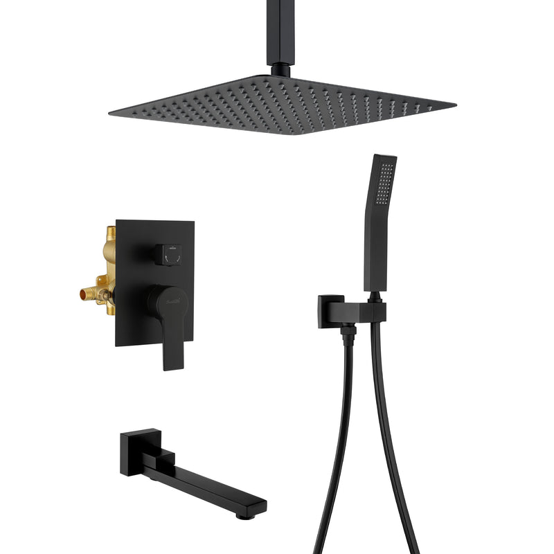Ceiling-Mounted 3 functions Tub Shower Faucet Combo Set with 12-inch shower head, hand shower, 180 degree swivel bath outlet