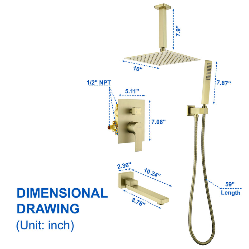 Luxury Tub Shower Faucet Combo Set with Rough-in Valve, Wall Mounted 10inch Shower System with Tub Spout Bathroom Shower Fixture Shower Valve and Trim Kit