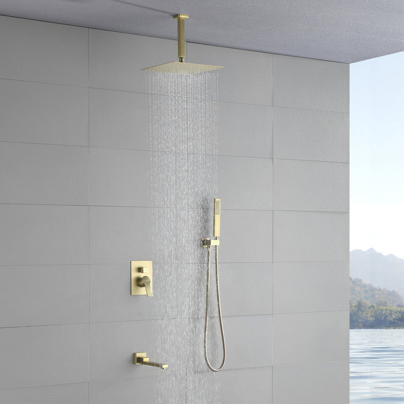 Ceiling-Mounted 3 functions Tub Shower Faucet Combo Set with 12-inch shower head, hand shower, 180 degree swivel bath outlet
