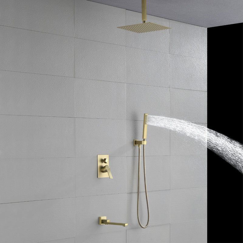 Ceiling-Mounted 3 functions Tub Shower Faucet Combo Set with 12-inch shower head, hand shower, 180 degree swivel bath outlet