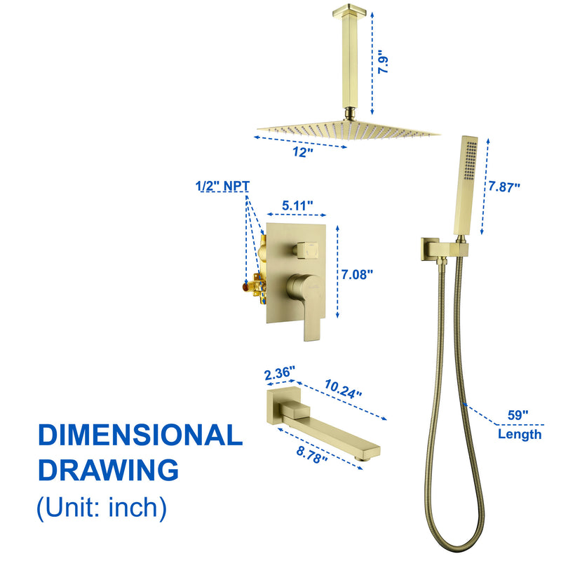 Ceiling-Mounted 3 functions Tub Shower Faucet Combo Set with 12-inch shower head, hand shower, 180 degree swivel bath outlet