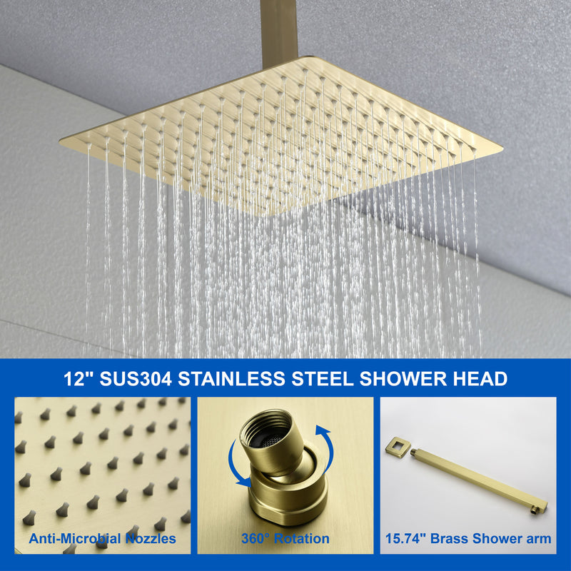 Ceiling-Mounted 3 functions Tub Shower Faucet Combo Set with 12-inch shower head, hand shower, 180 degree swivel bath outlet