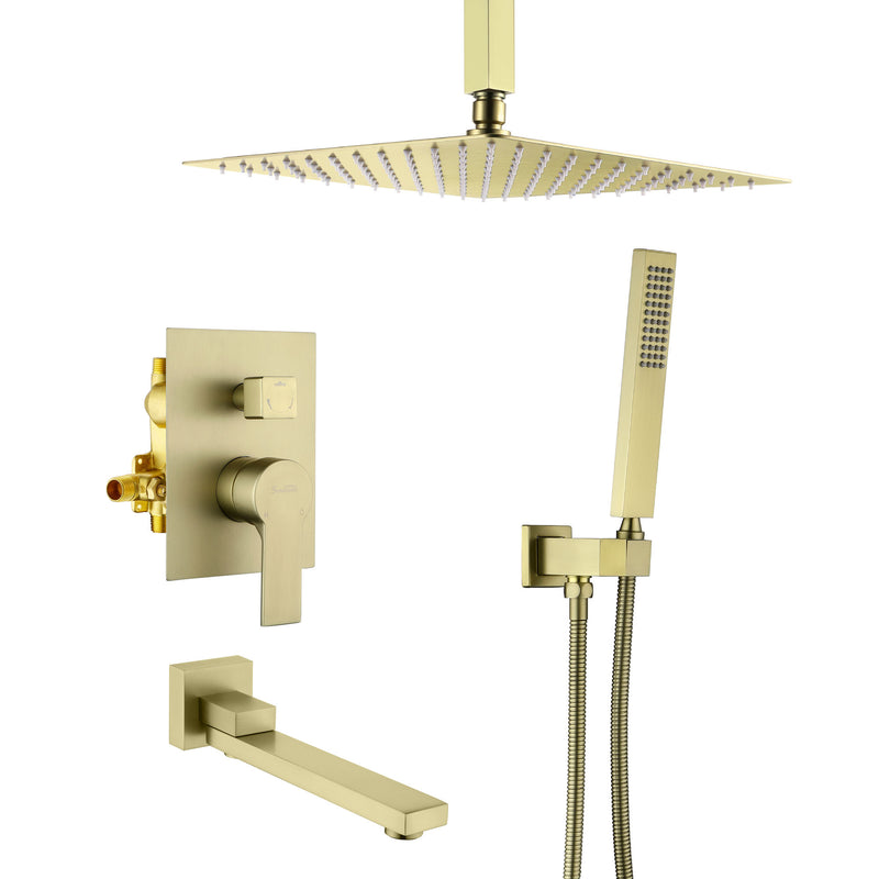 Ceiling-Mounted 3 functions Tub Shower Faucet Combo Set with 12-inch shower head, hand shower, 180 degree swivel bath outlet