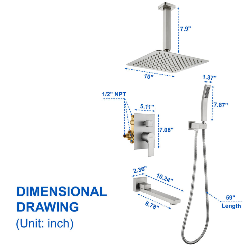 Luxury Tub Shower Faucet Combo Set with Rough-in Valve, Wall Mounted 10inch Shower System with Tub Spout Bathroom Shower Fixture Shower Valve and Trim Kit