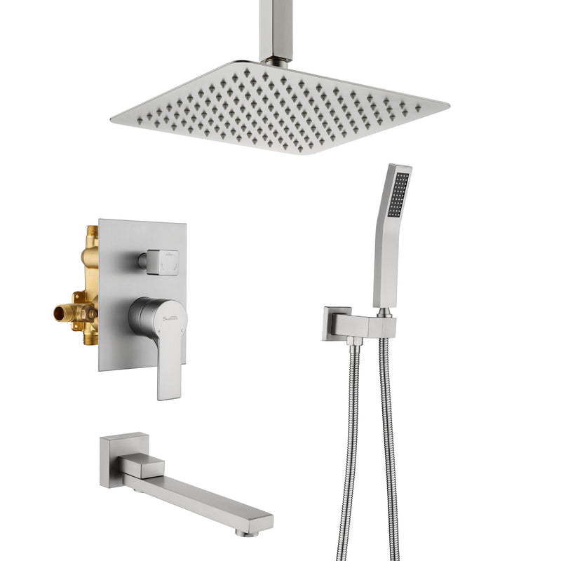 Luxury Tub Shower Faucet Combo Set with Rough-in Valve, Wall Mounted 10inch Shower System with Tub Spout Bathroom Shower Fixture Shower Valve and Trim Kit