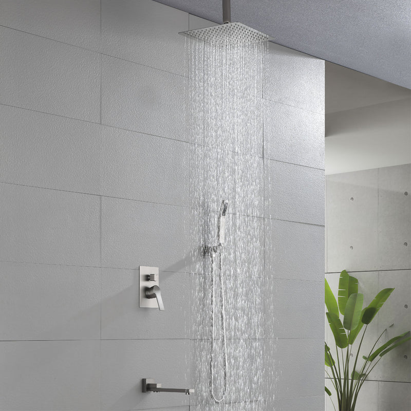 Ceiling-Mounted 3 functions Tub Shower Faucet Combo Set with 12-inch shower head, hand shower, 180 degree swivel bath outlet