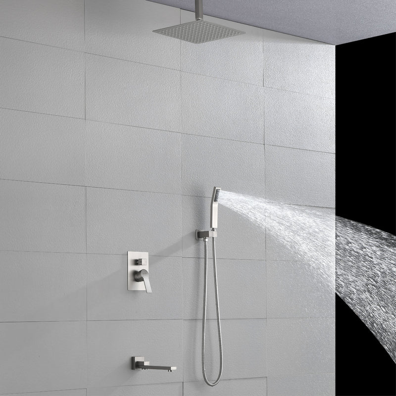 Ceiling-Mounted 3 functions Tub Shower Faucet Combo Set with 12-inch shower head, hand shower, 180 degree swivel bath outlet