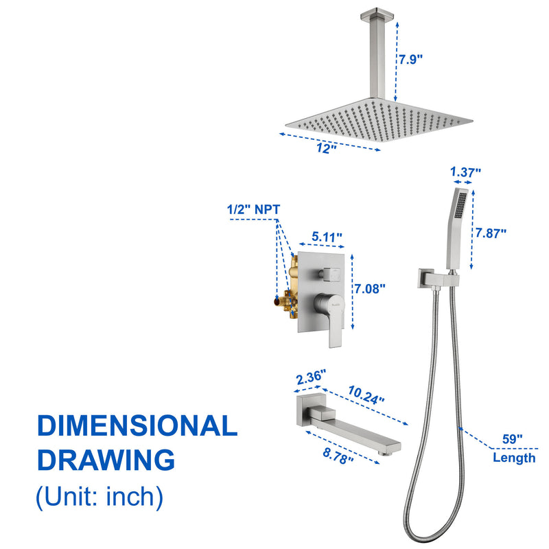 Ceiling-Mounted 3 functions Tub Shower Faucet Combo Set with 12-inch shower head, hand shower, 180 degree swivel bath outlet
