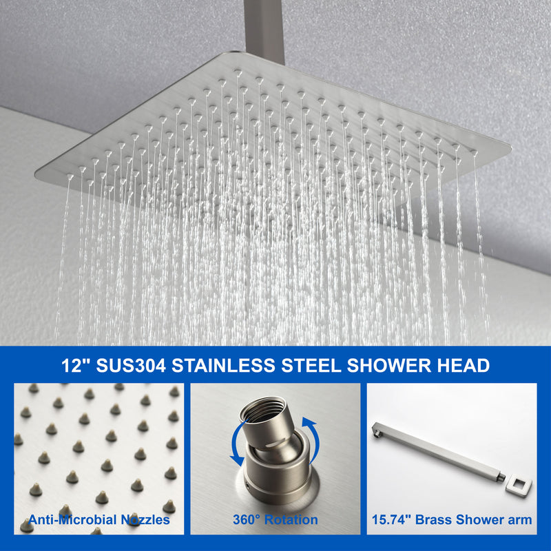 Ceiling-Mounted 3 functions Tub Shower Faucet Combo Set with 12-inch shower head, hand shower, 180 degree swivel bath outlet