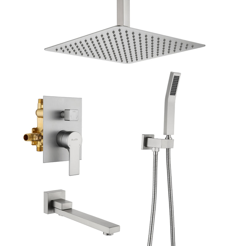 Ceiling-Mounted 3 functions Tub Shower Faucet Combo Set with 12-inch shower head, hand shower, 180 degree swivel bath outlet
