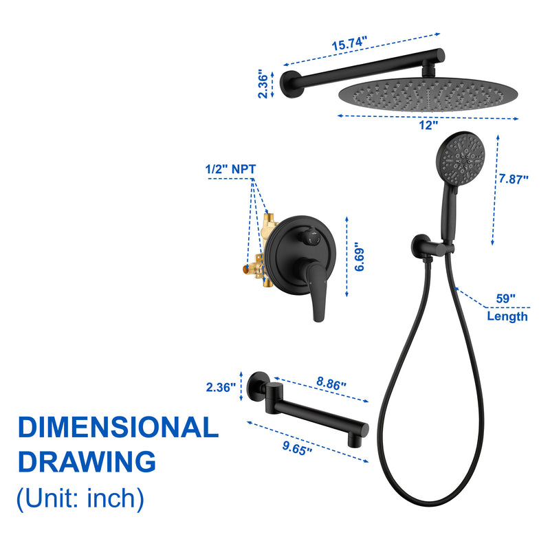 3 Functions Rain Shower Faucet, 12-inch Round Shower Head Set with 7-Spray Shower Head & 180 Degree Swivel Spout