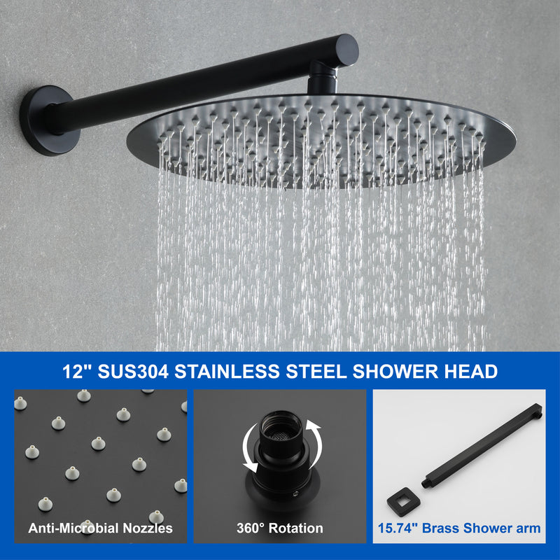 3 Functions Rain Shower Faucet, 12-inch Round Shower Head Set with 7-Spray Shower Head & 180 Degree Swivel Spout