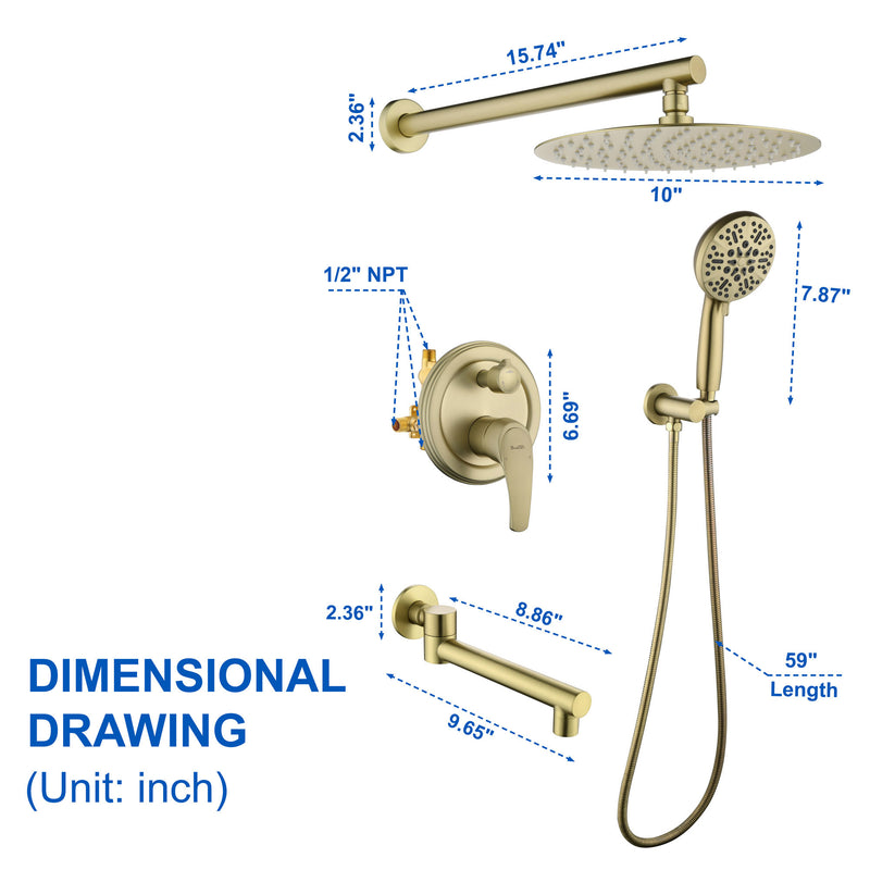 Shower Faucet Set with Tub Spout Luxury Tub Shower Faucet Combo Set with 10 inches Shower Head and 7-mode Handheld Shower Bathroom Shower Valve Trim Kit Shower Fixture