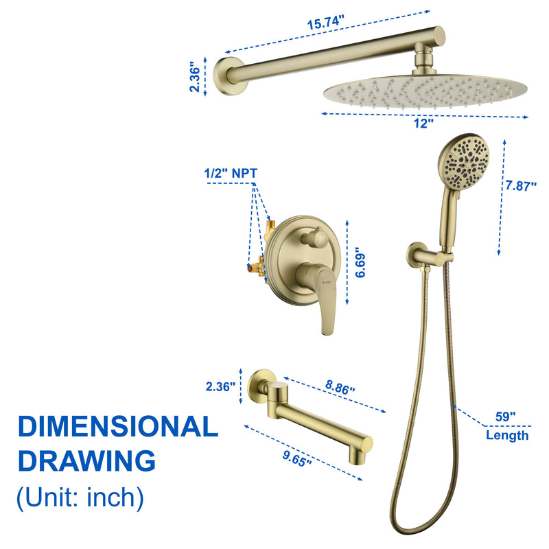 3 Functions Rain Shower Faucet, 12-inch Round Shower Head Set with 7-Spray Shower Head & 180 Degree Swivel Spout
