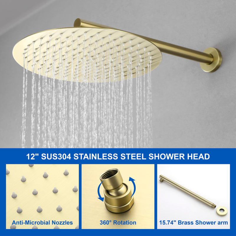 3 Functions Rain Shower Faucet, 12-inch Round Shower Head Set with 7-Spray Shower Head & 180 Degree Swivel Spout
